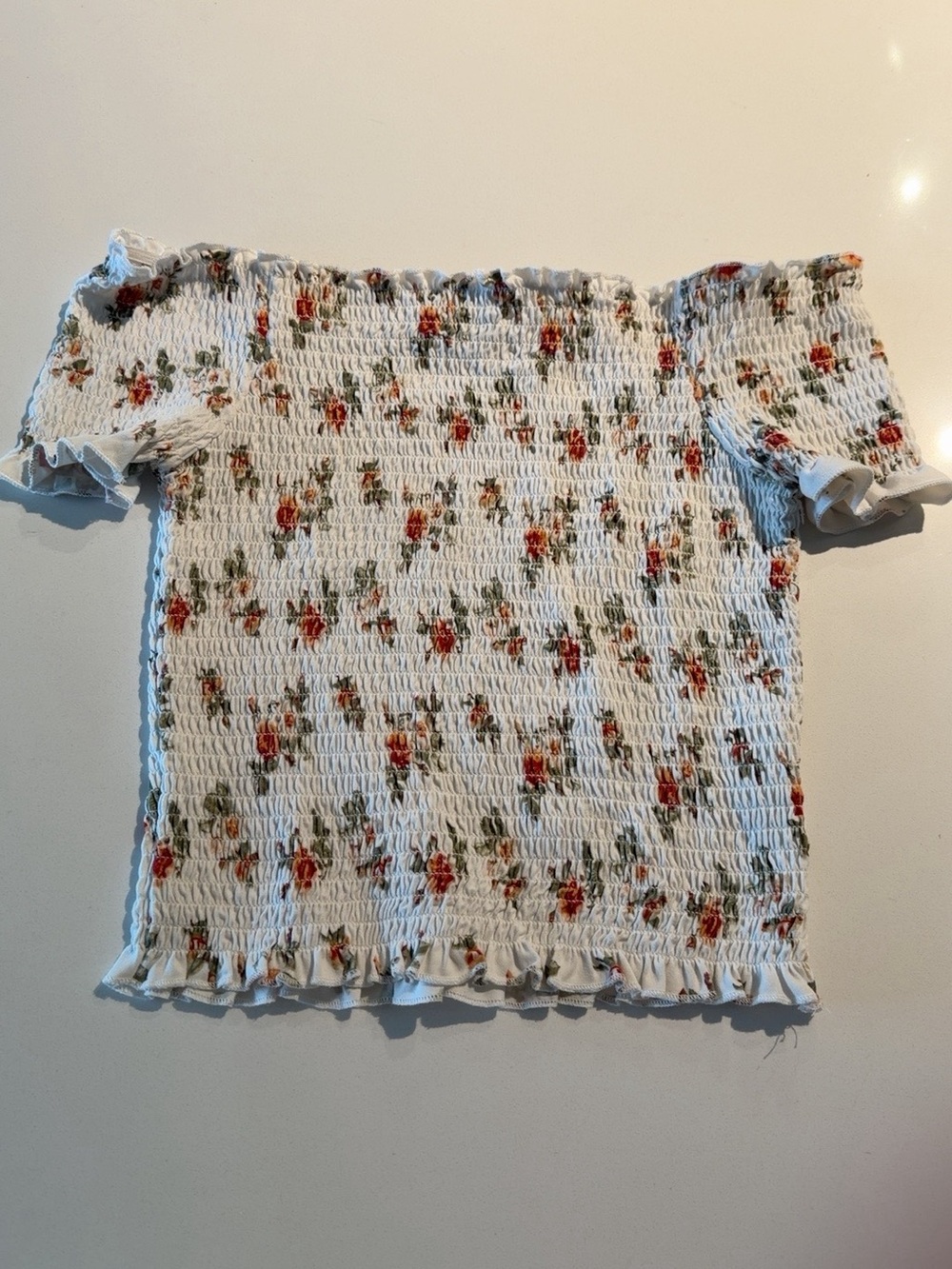 Floral Smocked Off-Shoulder Crop Top in White